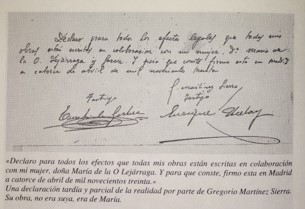 Declaración de Gregorio Martínez Sierra reconociendo la autoría de María Lejárraga de sus obras