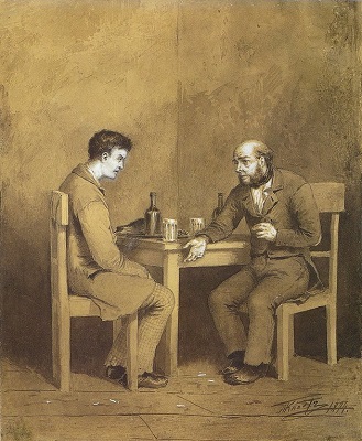 Ilustración de Mijaíl Petróvich Klodt. Conversación entre Raskolnikov y Marmeladov en Crimen y castigo