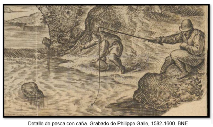 Detalle de pesca con caña. Grabado de Philippe Galle, 1582-1600. BNE