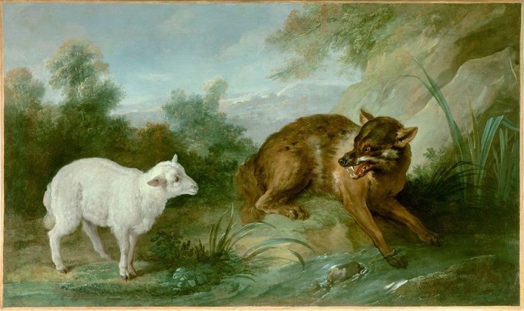 El lobo y el cordero. Ilustración de una fábula de Jean de La Fontaine