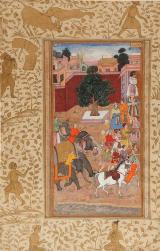 Abu-L Fazl:
Procesión del emperador Akbar, hoja suelta del Akbar Namah.
India del Norte, manuscrito, ca. 1600-1603.
Inventario 15645-3.