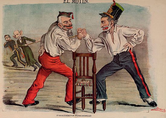 Pasatiempos fusionistas, caricatura de Martínez Campos y Sagasta, dibujo de Eduardo Sojo, publicado en El Motín el 10 de julio de 1881. Fuente: Wikipedia